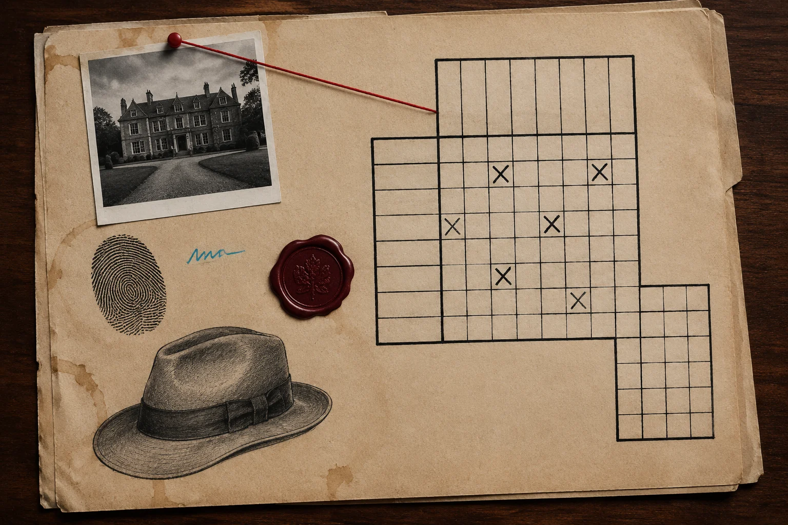 Original case-file illustration for an independent Murdle guide